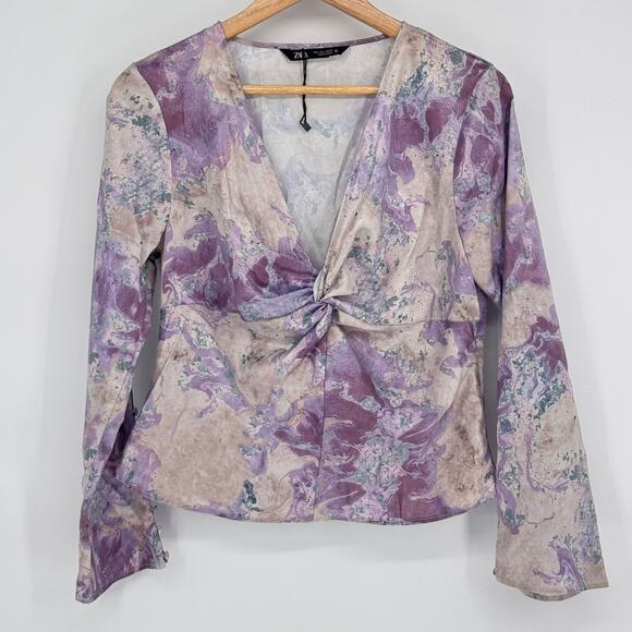 NWOT Zara Purple Marble Satin Gradient Long Sleeve Blouse Sz L Whimsical Boho - Picture 2 of 9